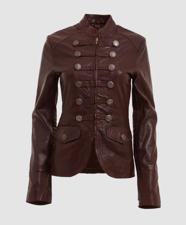 Brown Military Style Leather Blazer Jacket For Women