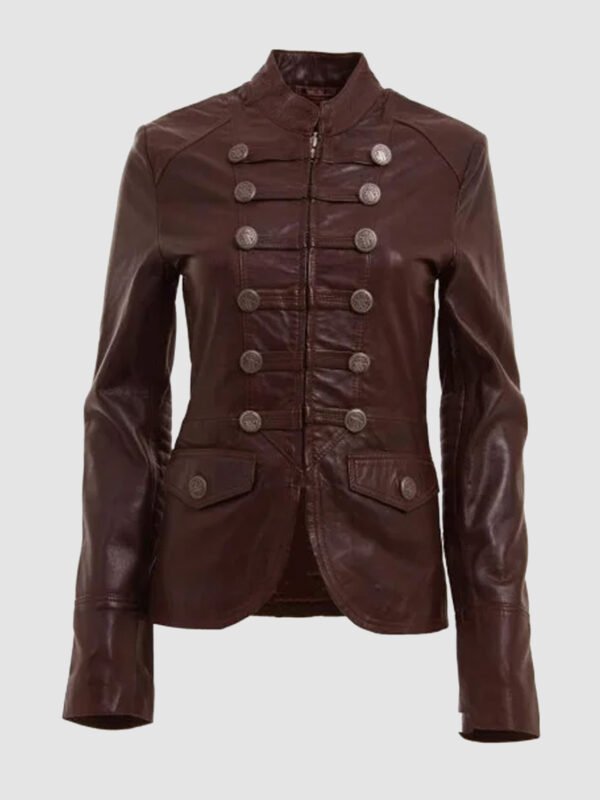 Brown Military Style Leather Blazer Jacket For Women