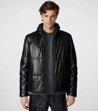 Faux Leather Sherpa Puffer Black