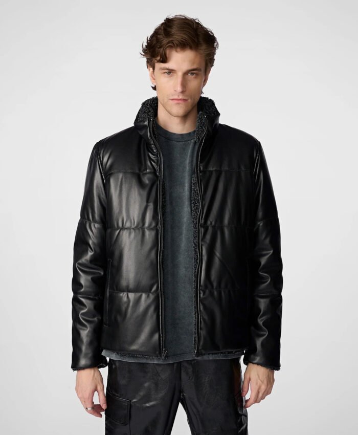 Faux Leather Sherpa Puffer Black