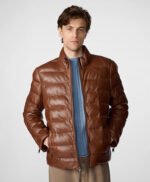 Glenn Distressed Leather Puffer Jacket Brown