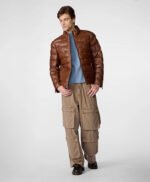 Glenn Distressed Leather Puffer Jacket Brown