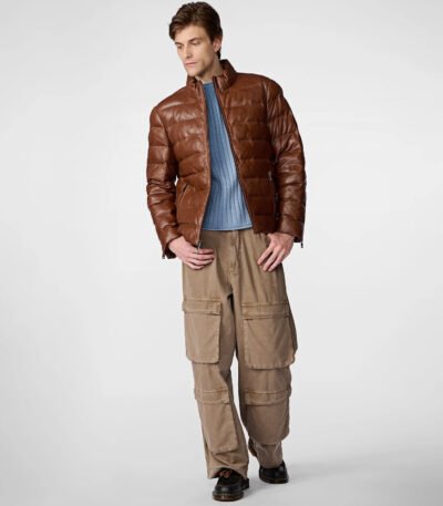 Glenn Distressed Leather Puffer Jacket Brown