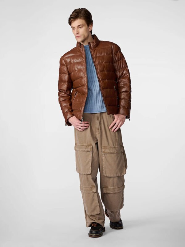 Glenn Distressed Leather Puffer Jacket Brown