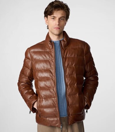 Glenn Distressed Leather Puffer Jacket Brown