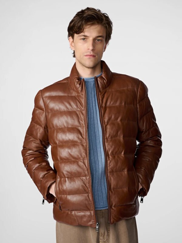 Glenn Distressed Leather Puffer Jacket Brown