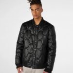 Mens Black Quilted Faux Leather Bomber Jacket