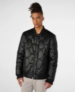Mens Black Quilted Faux Leather Bomber Jacket