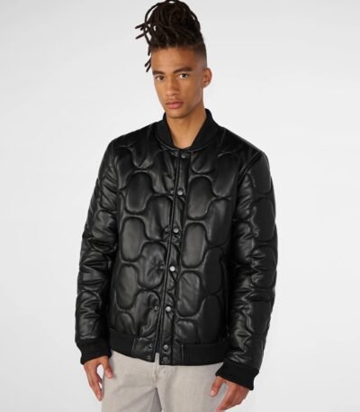 Mens Black Quilted Faux Leather Bomber Jacket