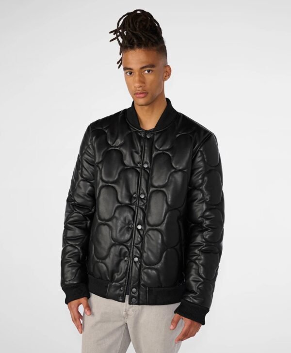 Mens Black Quilted Faux Leather Bomber Jacket