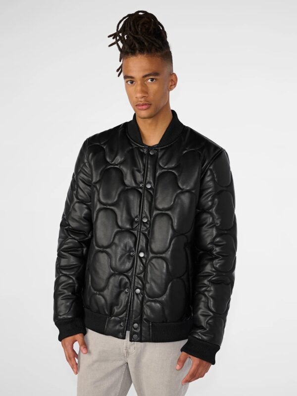 Mens Black Quilted Faux Leather Bomber Jacket