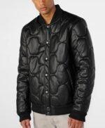 Mens Black Quilted Faux Leather Bomber Jacket