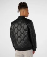 Mens Black Quilted Faux Leather Bomber Jacket
