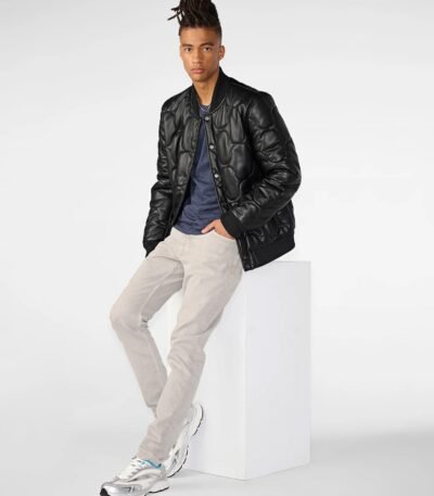 Mens Black Quilted Faux Leather Bomber Jacket