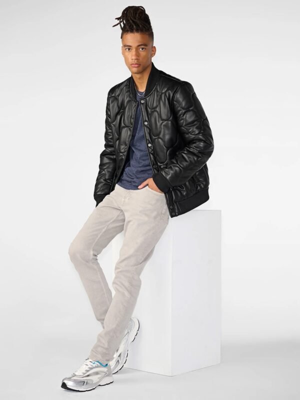 Mens Black Quilted Faux Leather Bomber Jacket
