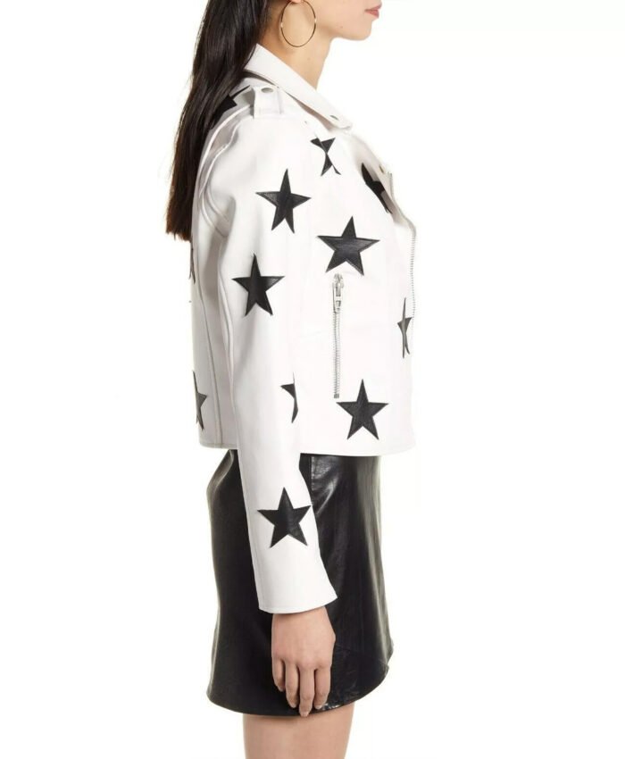 White Lambskin Leather Jacket with Black Stars 3