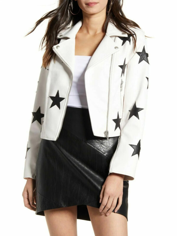 White Lambskin Leather Jacket with Black Stars
