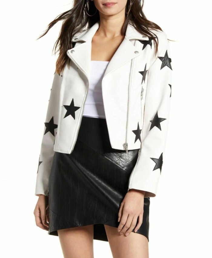 White Lambskin Leather Jacket with Black Stars