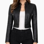 Women Cropped Black Leather Cafe Racer Jacket