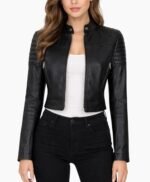 Women Cropped Black Leather Cafe Racer Jacket