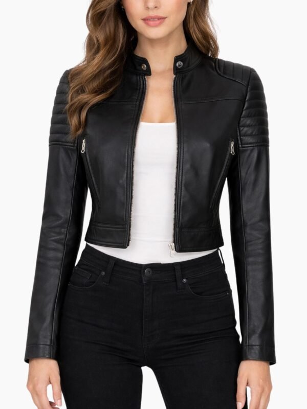 Women Cropped Black Leather Cafe Racer Jacket