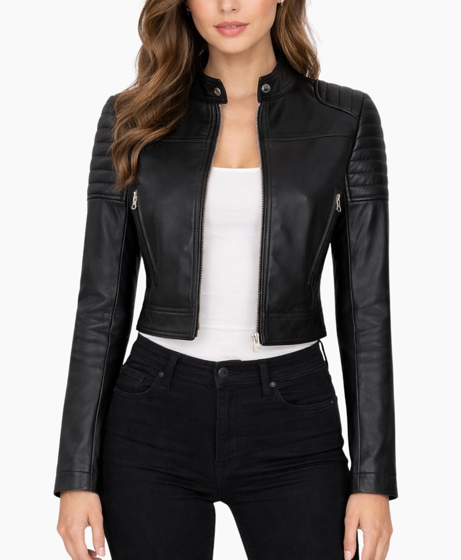 Women Cropped Black Leather Cafe Racer Jacket Women Cropped Black Leather Cafe Racer Jacket