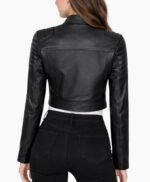 Women Cropped Black Leather Cafe Racer Jacket