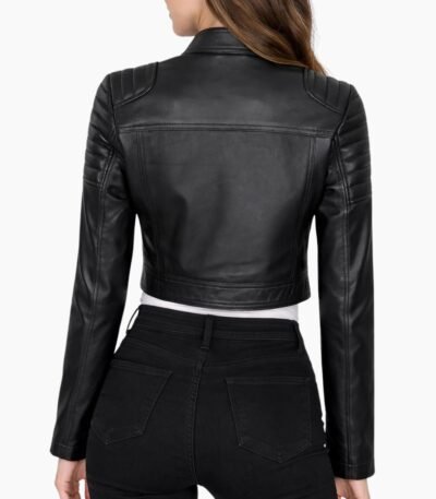 Women Cropped Black Leather Cafe Racer Jacket