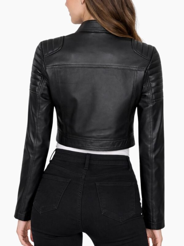 Women Cropped Black Leather Cafe Racer Jacket