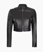Women Cropped Black Leather Cafe Racer Jacket