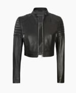 Women Cropped Black Leather Cafe Racer Jacket