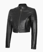 Women Cropped Black Leather Cafe Racer Jacket