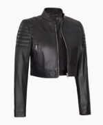 Women Cropped Black Leather Cafe Racer Jacket