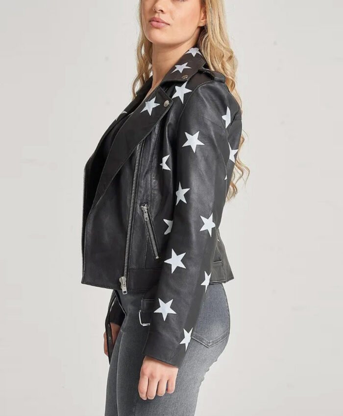 Women Stars Style Leather Biker Jacket Black 1