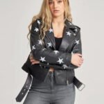 Women Stars Style Leather Biker Jacket Black