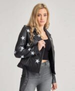 Women Stars Style Leather Biker Jacket Black