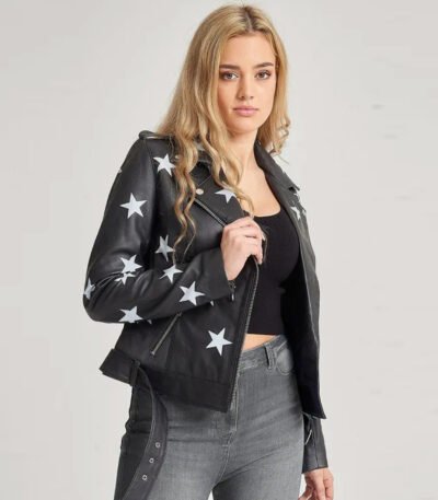 Women Stars Style Leather Biker Jacket Black