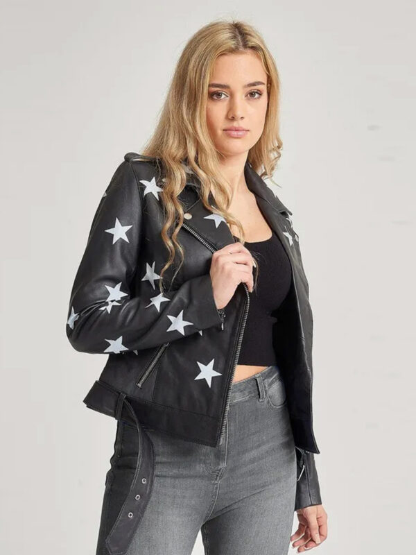Women Stars Style Leather Biker Jacket Black