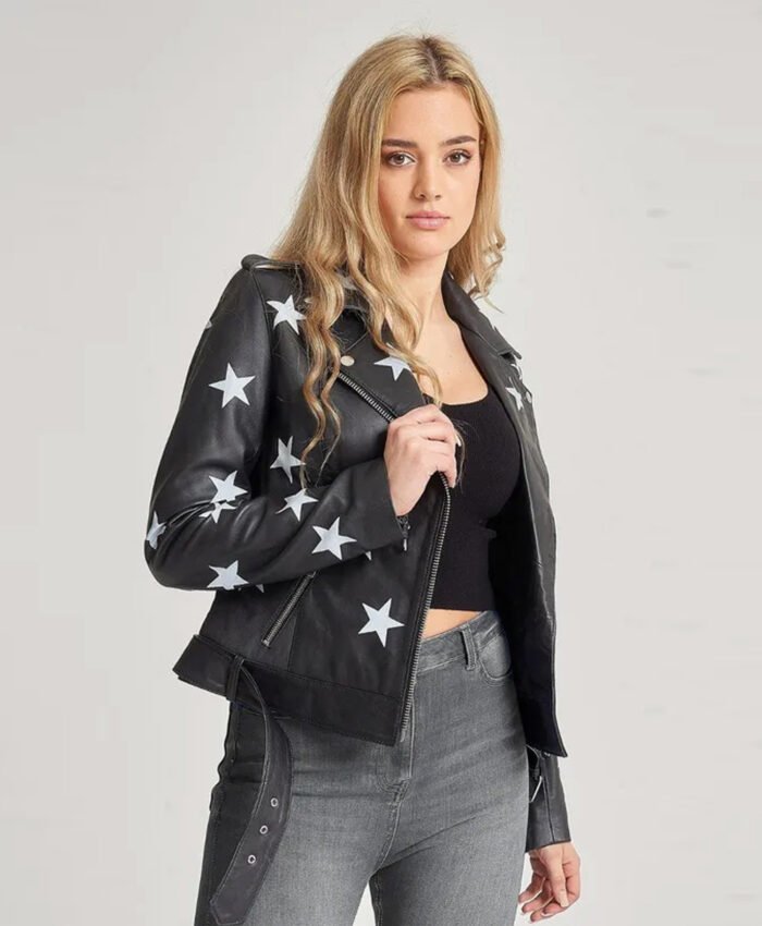 Women Stars Style Leather Biker Jacket Black 3