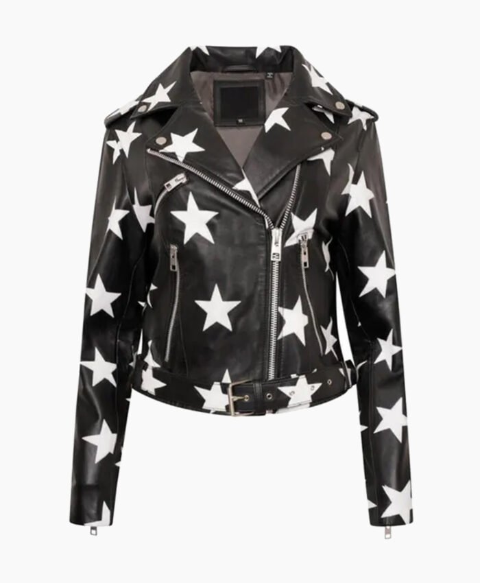 Women Stars Style Leather Biker Jacket Black 4