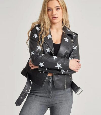 Women Stars Style Leather Biker Jacket Black
