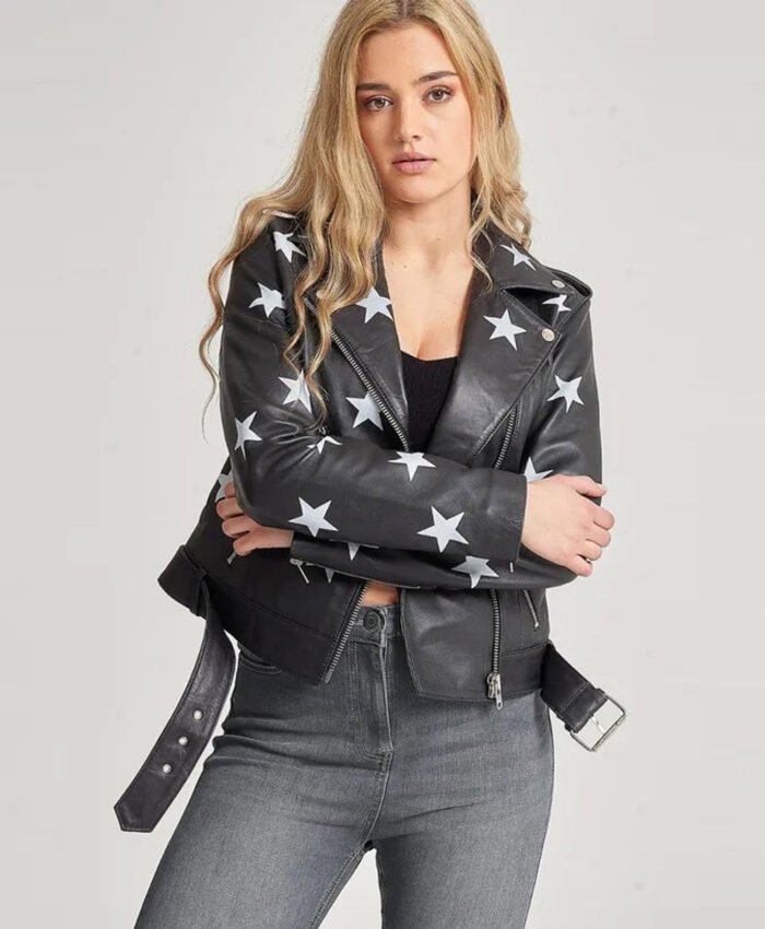 Women Stars Style Leather Biker Jacket Black