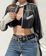 Women Cropped Moto Biker Street Style Jacket