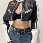 Women Cropped Moto Biker Street Style Jacket
