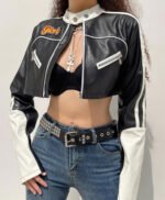 Women Cropped Moto Biker Street Style Jacket