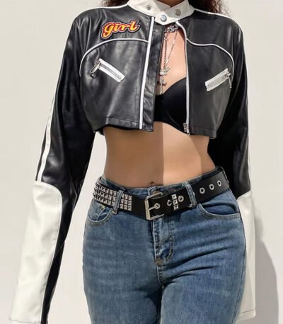 Women Cropped Moto Biker Street Style Jacket