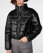 Women's Faux Leather Puffer Jacket Black