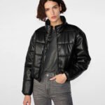 Women's Faux Leather Puffer Jacket Black