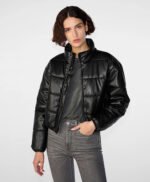 Women's Faux Leather Puffer Jacket Black