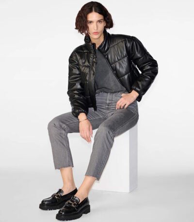 Women's Faux Leather Puffer Jacket Black